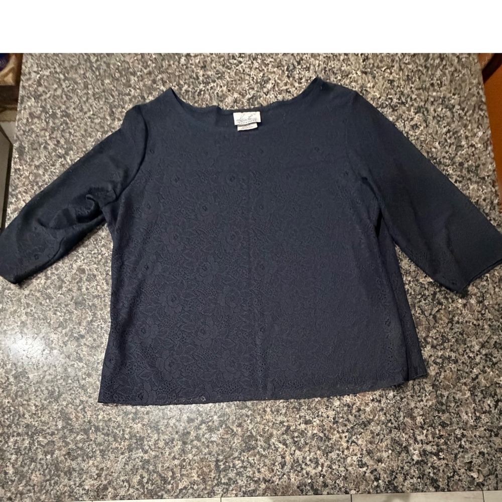 Kathie Lee Collection Navy Blue Floral Lace 3/4 Sleeve Top XL 16/18 Made in USA